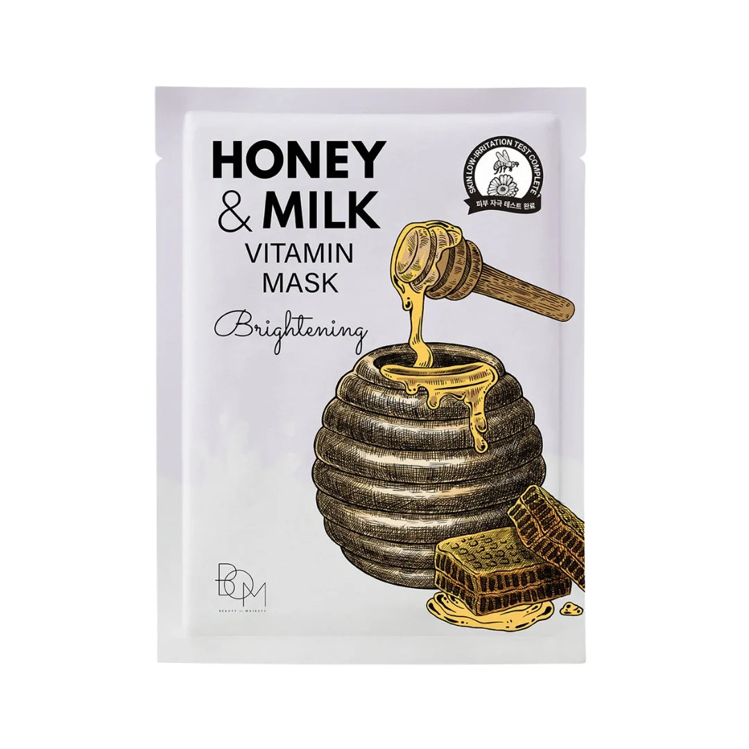 BOM skaistinanti lakštinė veido kaukė "Honey &amp; Milk Vitamin Mask", 1 vnt.
