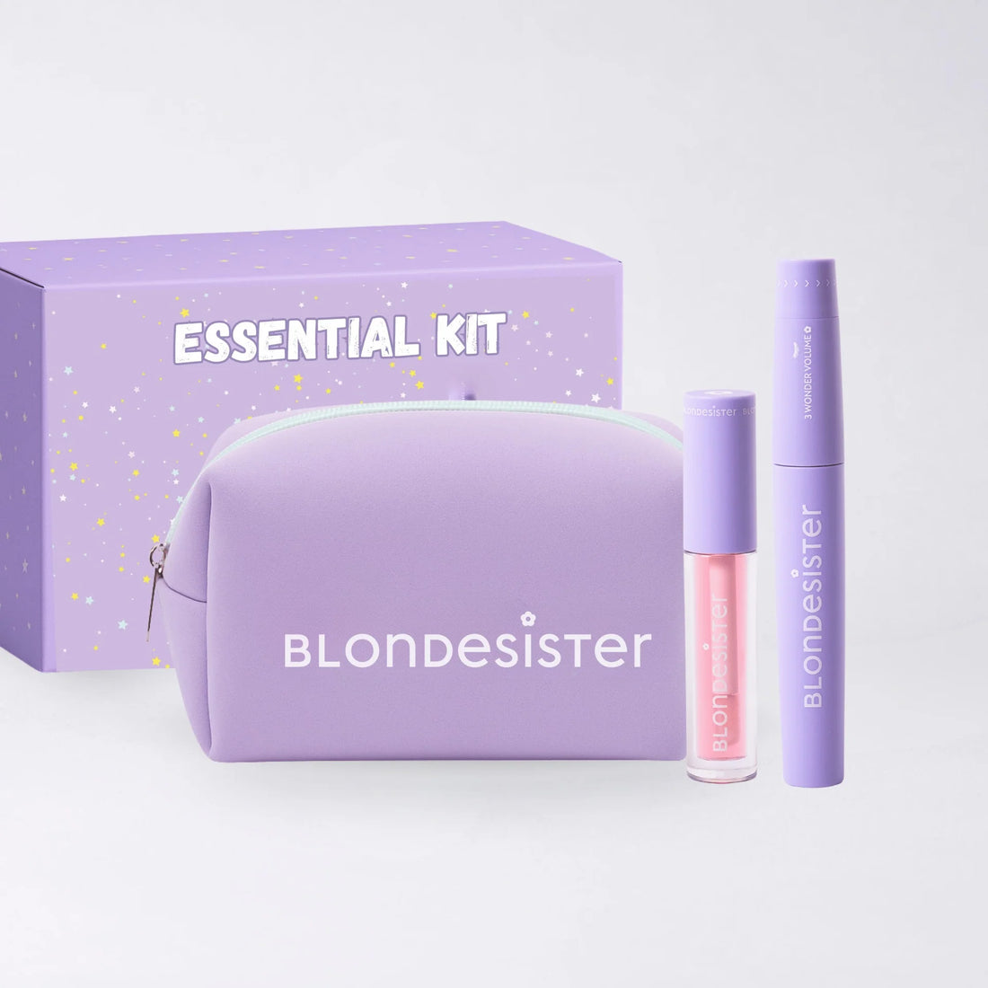 BLONDESISTER „Mini Box Essential“ rinkinys su kosmetine (juodos spalvos tušas 12 ml ir bespalvis lūpų aliejus 2,5 ml)