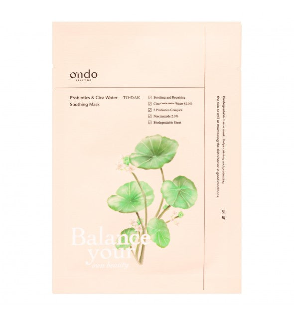 ONDO lakštinė raminamoji kaukė "Probiotics & Cica Water Soothing Mask", 1 vnt